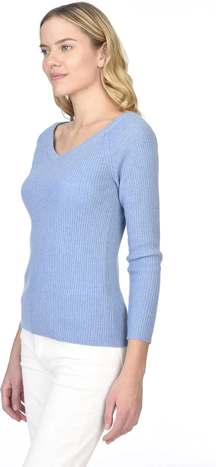 State Cashmere Women’s Easy V-Neck Ribbed Sweater 100% Pure Cashmere 3/4 Sleeve Pullover