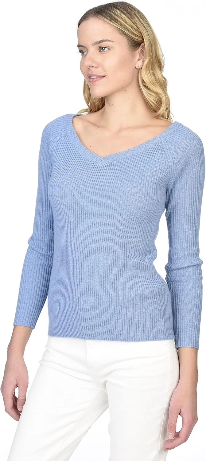 State Cashmere Women’s Easy V-Neck Ribbed Sweater 100% Pure Cashmere 3/4 Sleeve Pullover