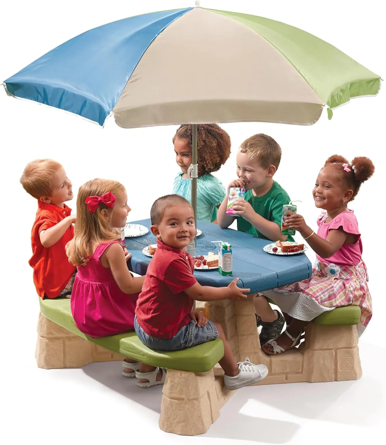 Step2 Naturally Playful Kids Picnic Table with Removable Umbrella, Indoor/Outdoor Toys, Fits 6 Children, Made of Durable Plastic, For Toddlers 3  Years Old, Blue & Green