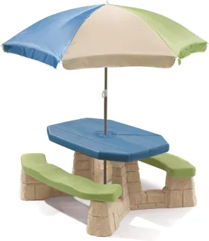 Step2 Naturally Playful Kids Picnic Table with Removable Umbrella, Indoor/Outdoor Toys, Fits 6 Children, Made of Durable Plastic, For Toddlers 3  Years Old, Blue & Green