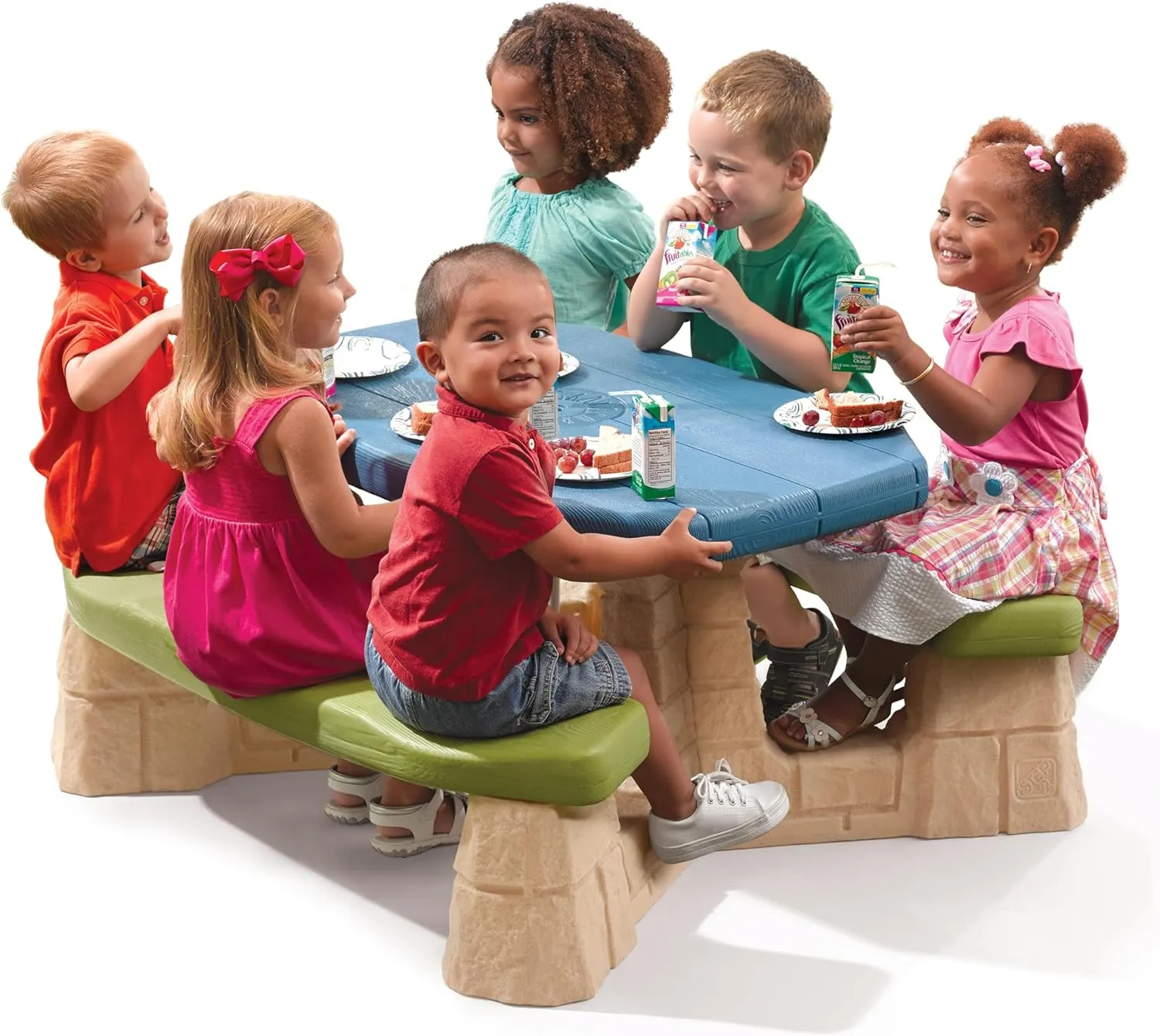 Step2 Naturally Playful Kids Picnic Table with Removable Umbrella, Indoor/Outdoor Toys, Fits 6 Children, Made of Durable Plastic, For Toddlers 3  Years Old, Blue & Green