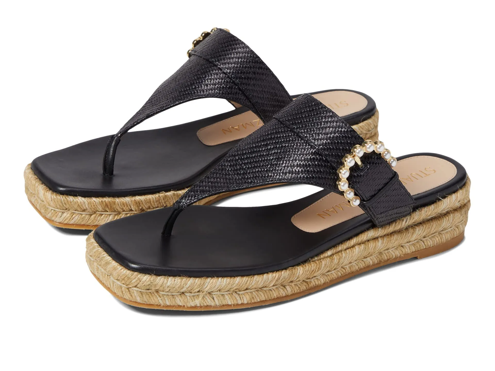 Stuart Weitzman Pearl Buckle Espadrille Sandal Black 6 M