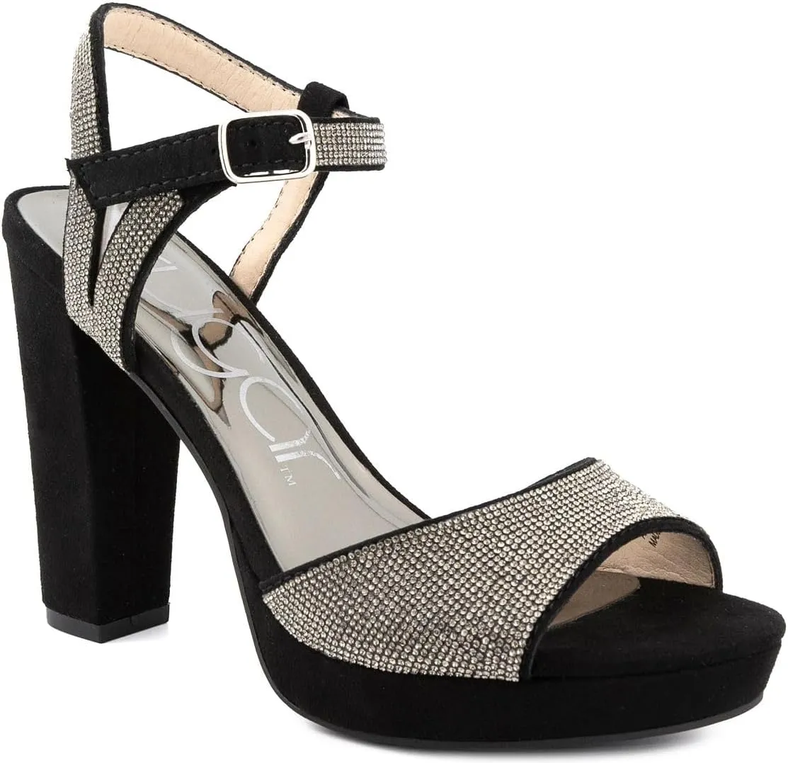Sugar Women's Two Piece Block Heel Dress Shoe Ladies Ankle Strap Pump Sandal with Bead Detail - Open Back - Prisila Black 6