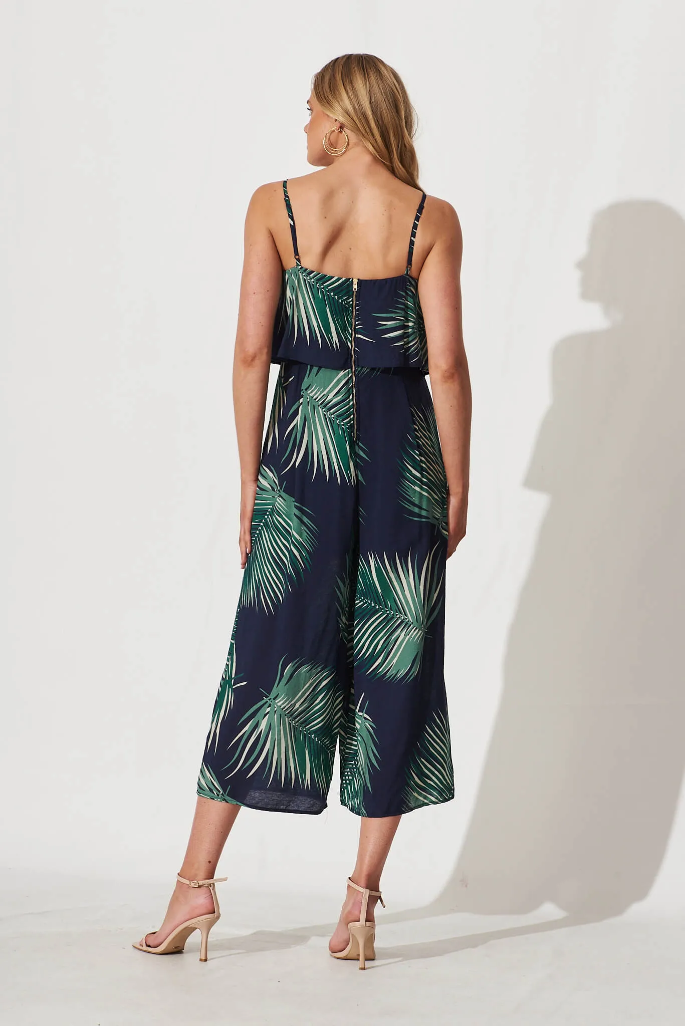Summertime Jumpsuit In Navy Leaf Print
