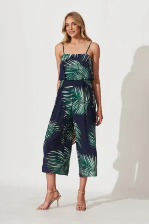Summertime Jumpsuit In Navy Leaf Print