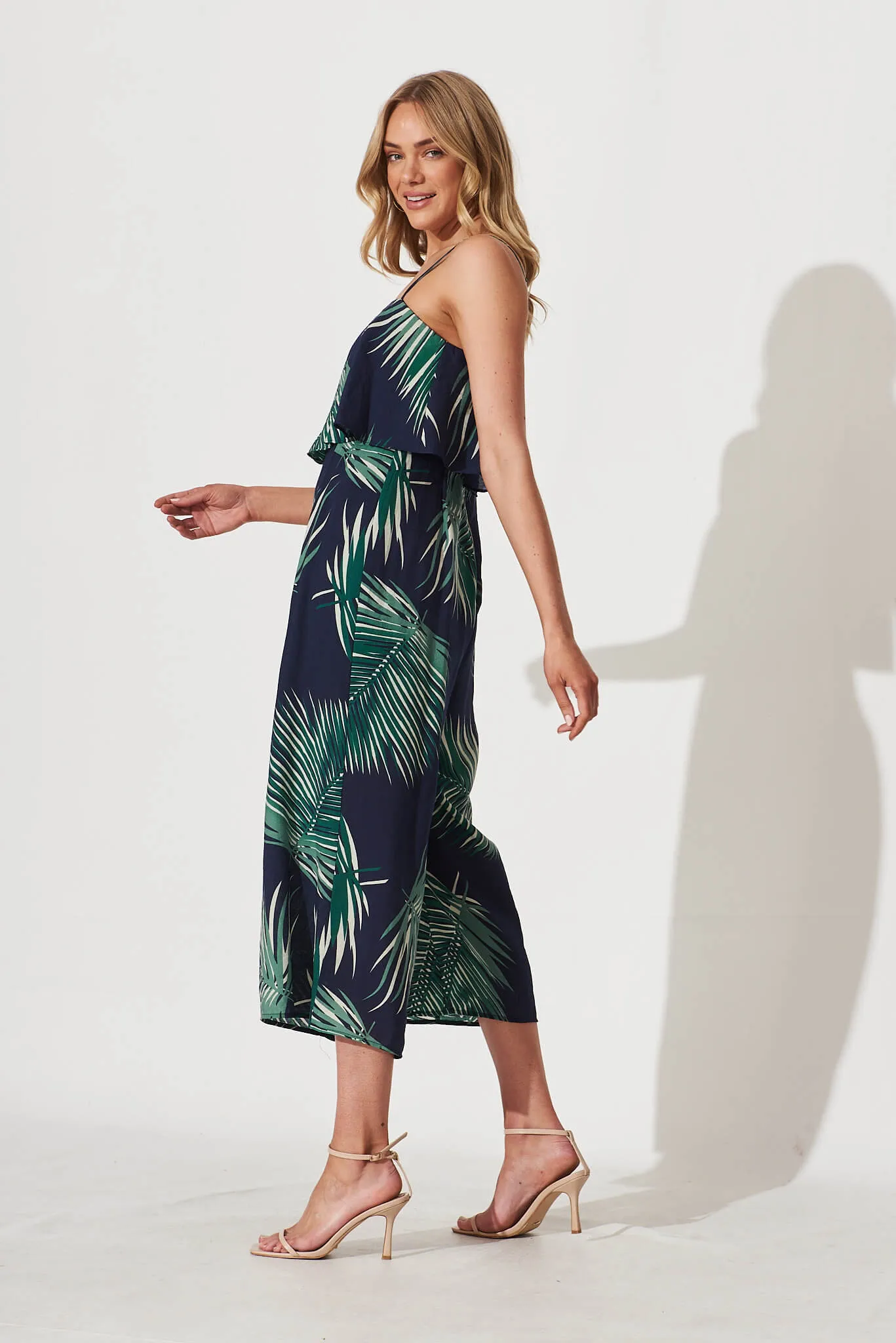 Summertime Jumpsuit In Navy Leaf Print