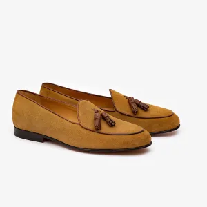 Tan Suede Belgian Loafer with Brown Tassels