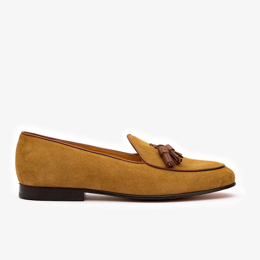 Tan Suede Belgian Loafer with Brown Tassels
