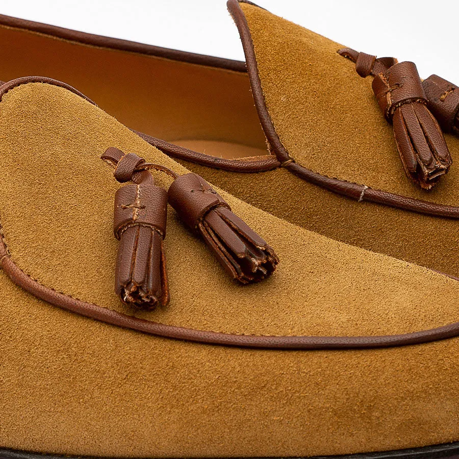Tan Suede Belgian Loafer with Brown Tassels