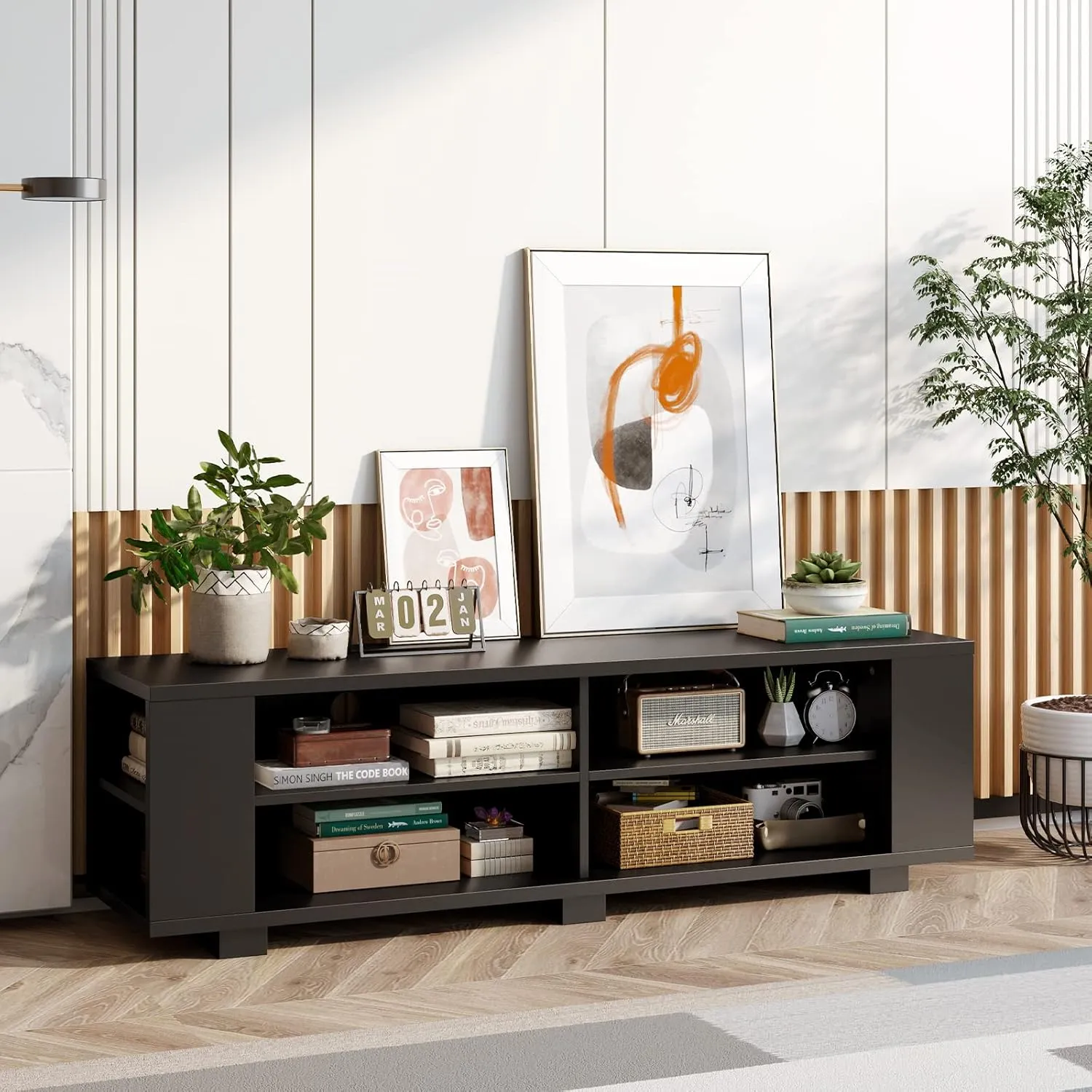 Tangkula Wood TV Stand for TVs up to 65 Inch Flat Screen, Modern Entertainment Center with 8 Open Shelves, Universal TV Storage Cabinet for Living Room Bedroom, TV Console Table (Pure-Black)
