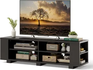 Tangkula Wood TV Stand for TVs up to 65 Inch Flat Screen, Modern Entertainment Center with 8 Open Shelves, Universal TV Storage Cabinet for Living Room Bedroom, TV Console Table (Pure-Black)