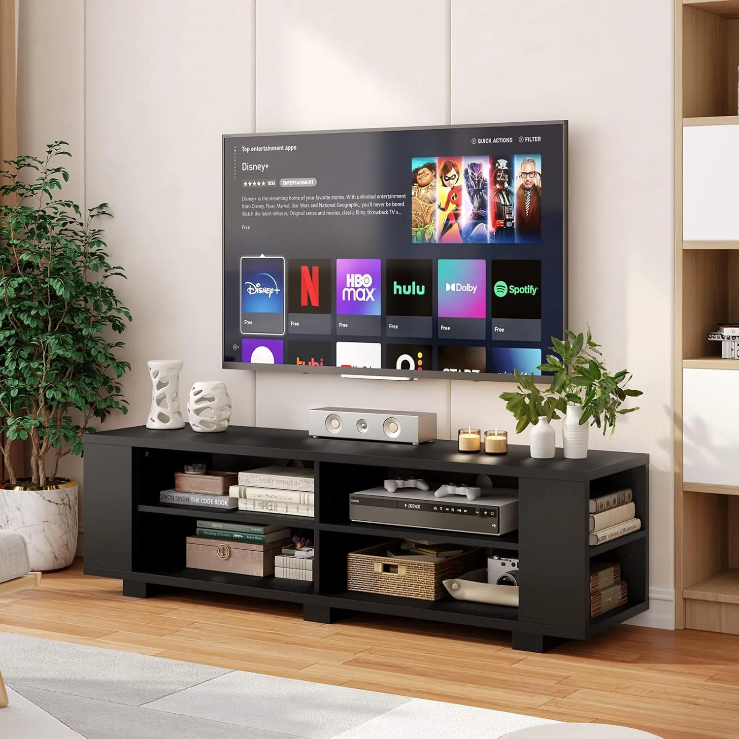 Tangkula Wood TV Stand for TVs up to 65 Inch Flat Screen, Modern Entertainment Center with 8 Open Shelves, Universal TV Storage Cabinet for Living Room Bedroom, TV Console Table (Pure-Black)