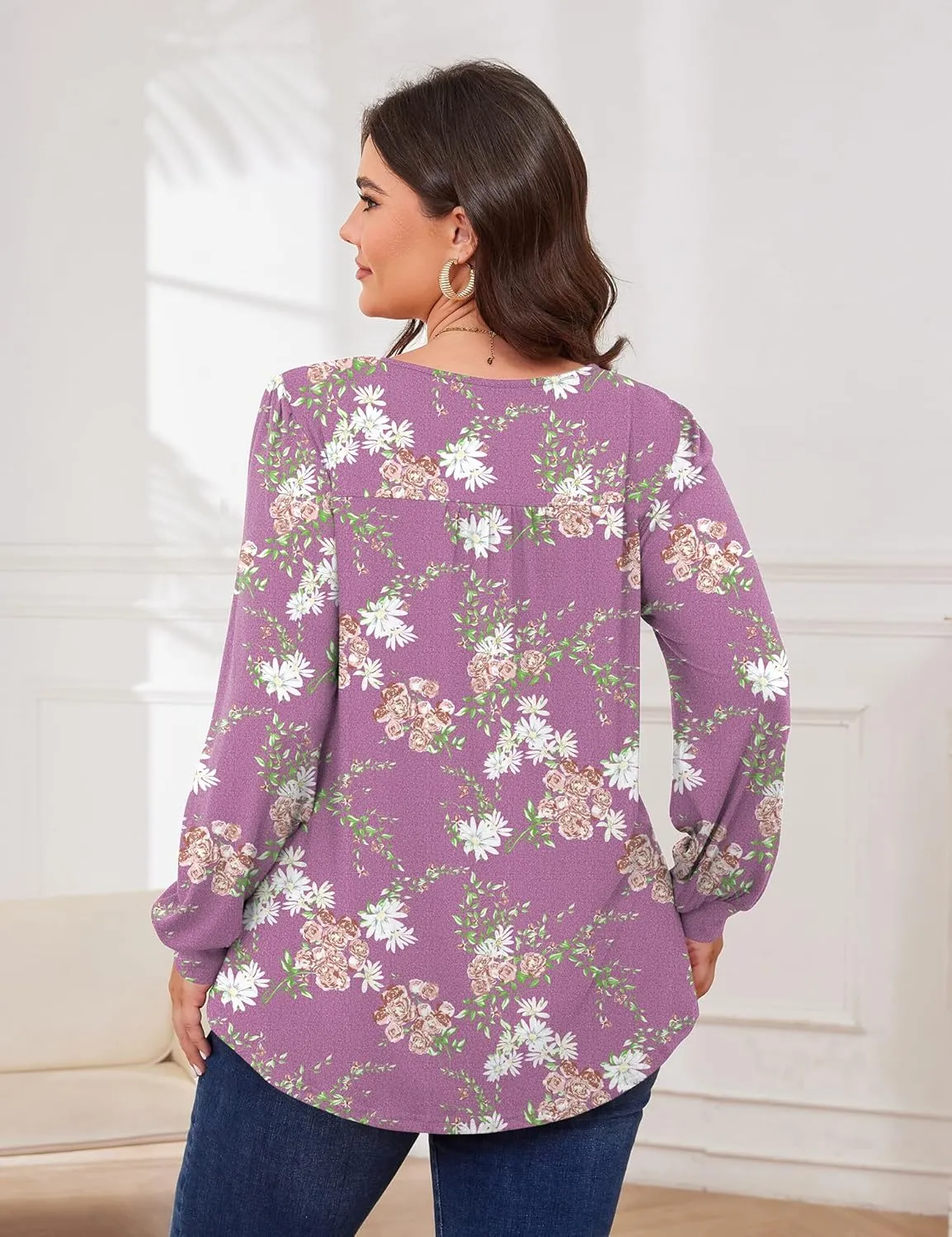 TFSDOD Plus Size Tops for Women Long Sleeve V Neck Shirts Dressy Casual Blouse Loose Fit Basic Tee Tshirt(1X-5X)