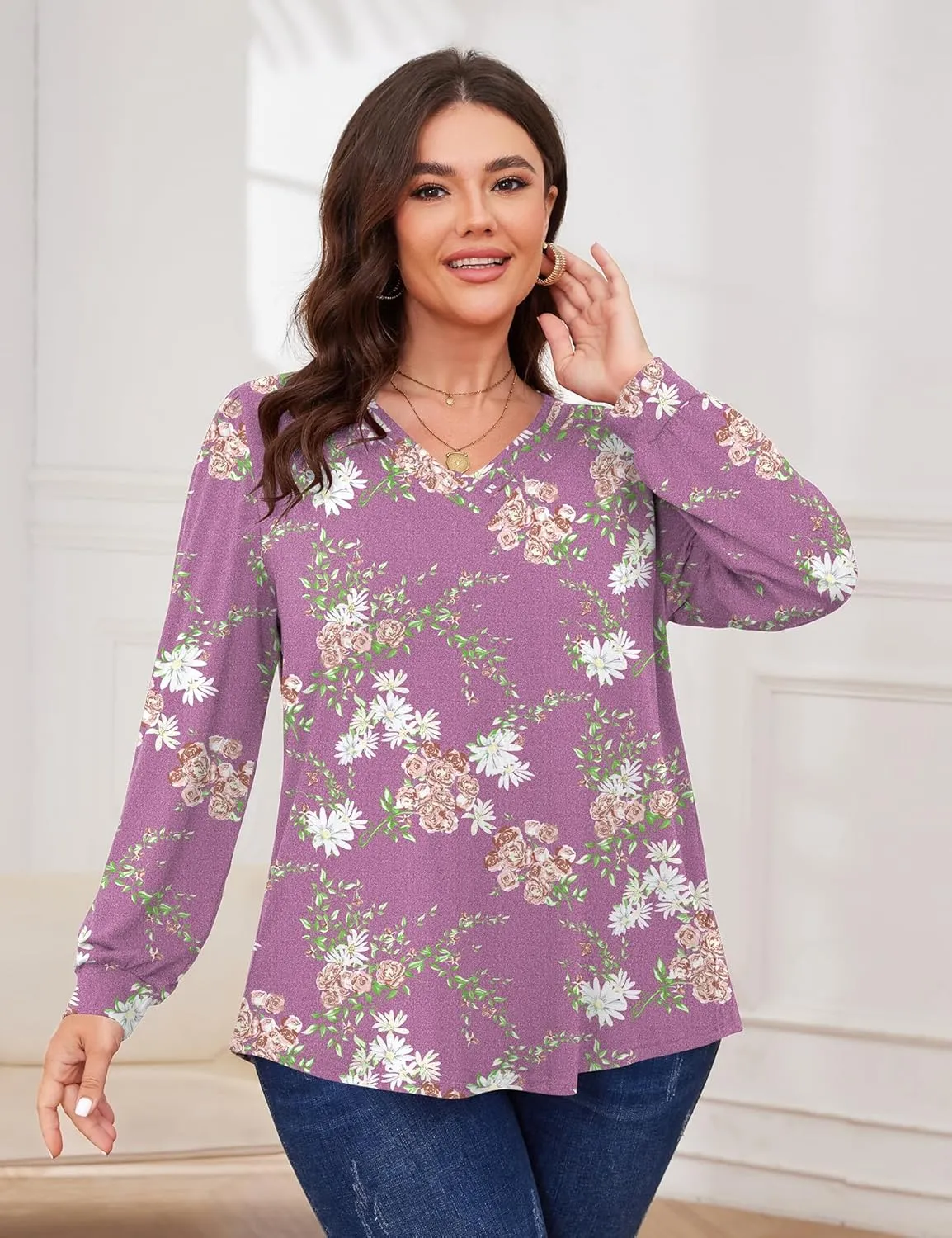 TFSDOD Plus Size Tops for Women Long Sleeve V Neck Shirts Dressy Casual Blouse Loose Fit Basic Tee Tshirt(1X-5X)
