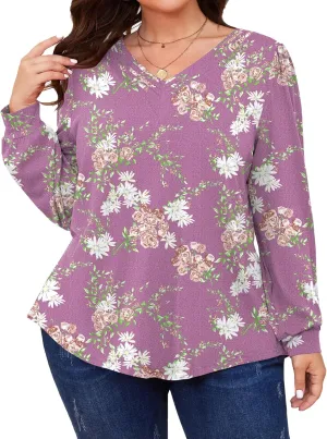 TFSDOD Plus Size Tops for Women Long Sleeve V Neck Shirts Dressy Casual Blouse Loose Fit Basic Tee Tshirt(1X-5X)