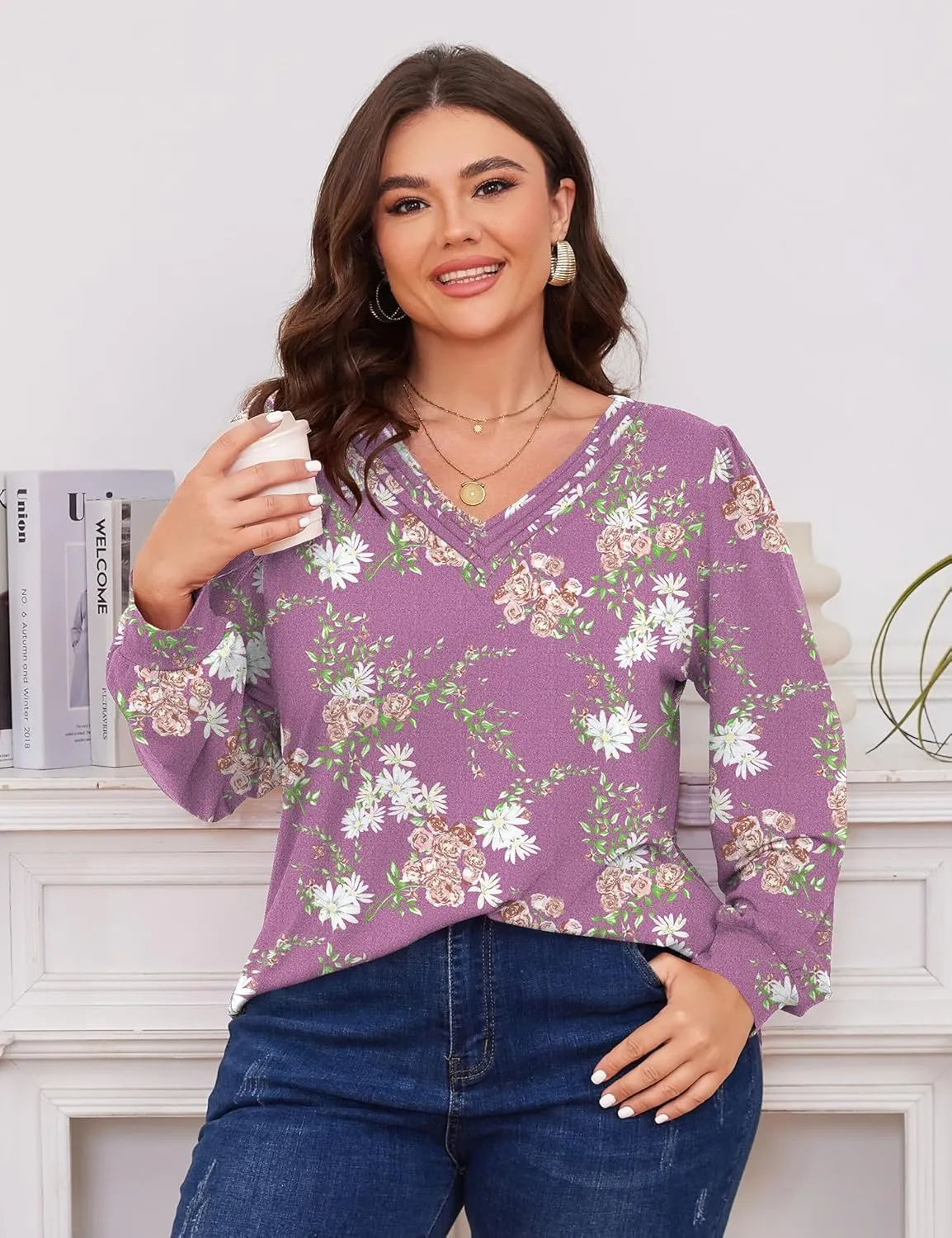 TFSDOD Plus Size Tops for Women Long Sleeve V Neck Shirts Dressy Casual Blouse Loose Fit Basic Tee Tshirt(1X-5X)