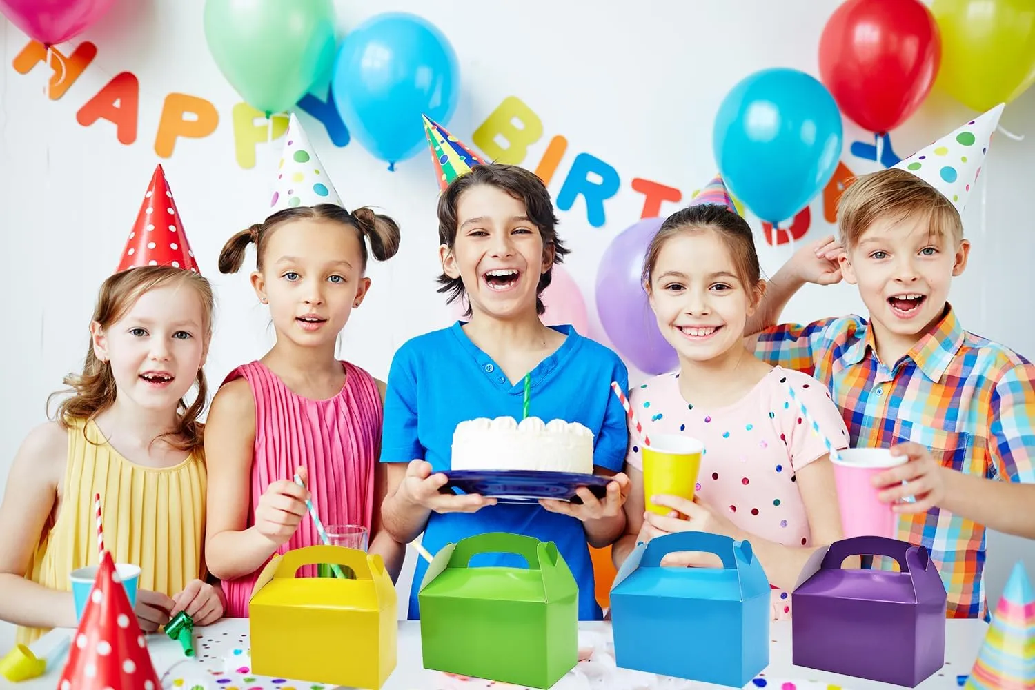 The Dreidel Company Gable Treat Boxes, (48-Pack) Party Favor Boxes for Kids Birthday, Candy Boxes Party Favors, Weddings Events, Baby Shower, 6.25" x 3.5" x 3.5" Inch Box (Multi-Color Treat Box)