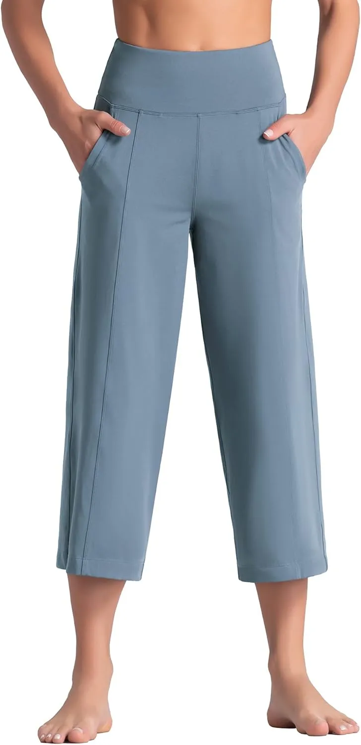 Tmustobe Womens Lounge Yoga Capris Pants Bootleg Tummy Control High Waist Workout Flare Crop Pants with Pockets