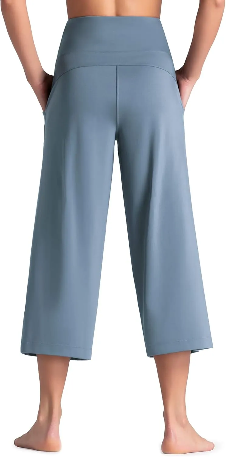 Tmustobe Womens Lounge Yoga Capris Pants Bootleg Tummy Control High Waist Workout Flare Crop Pants with Pockets