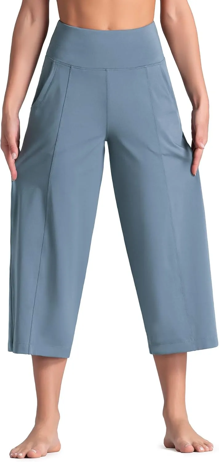 Tmustobe Womens Lounge Yoga Capris Pants Bootleg Tummy Control High Waist Workout Flare Crop Pants with Pockets