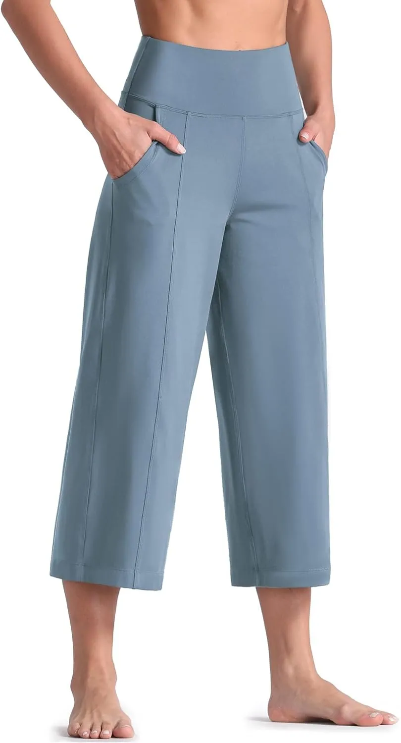 Tmustobe Womens Lounge Yoga Capris Pants Bootleg Tummy Control High Waist Workout Flare Crop Pants with Pockets