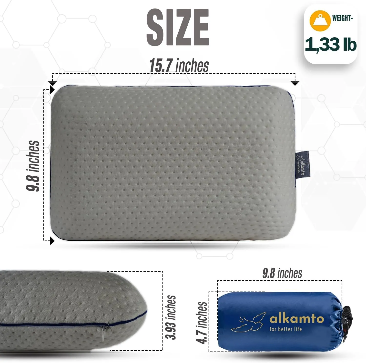 Travel & Camping Comfortable Memory Foam Pillow – Easy to Carry Portable Bag – Temperature Regulating Pillow Case (Grey)