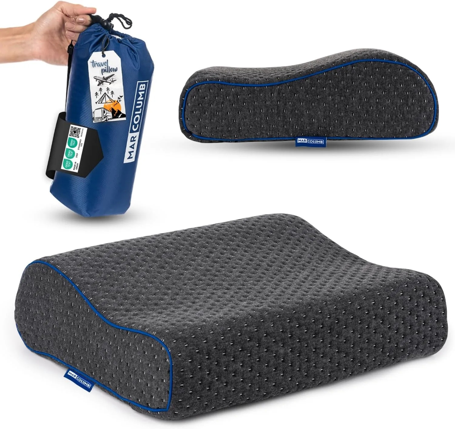 Travel & Camping Comfortable Memory Foam Pillow – Easy to Carry Portable Bag – Temperature Regulating Pillow Case - Perfect for Travelling, Grey Contour