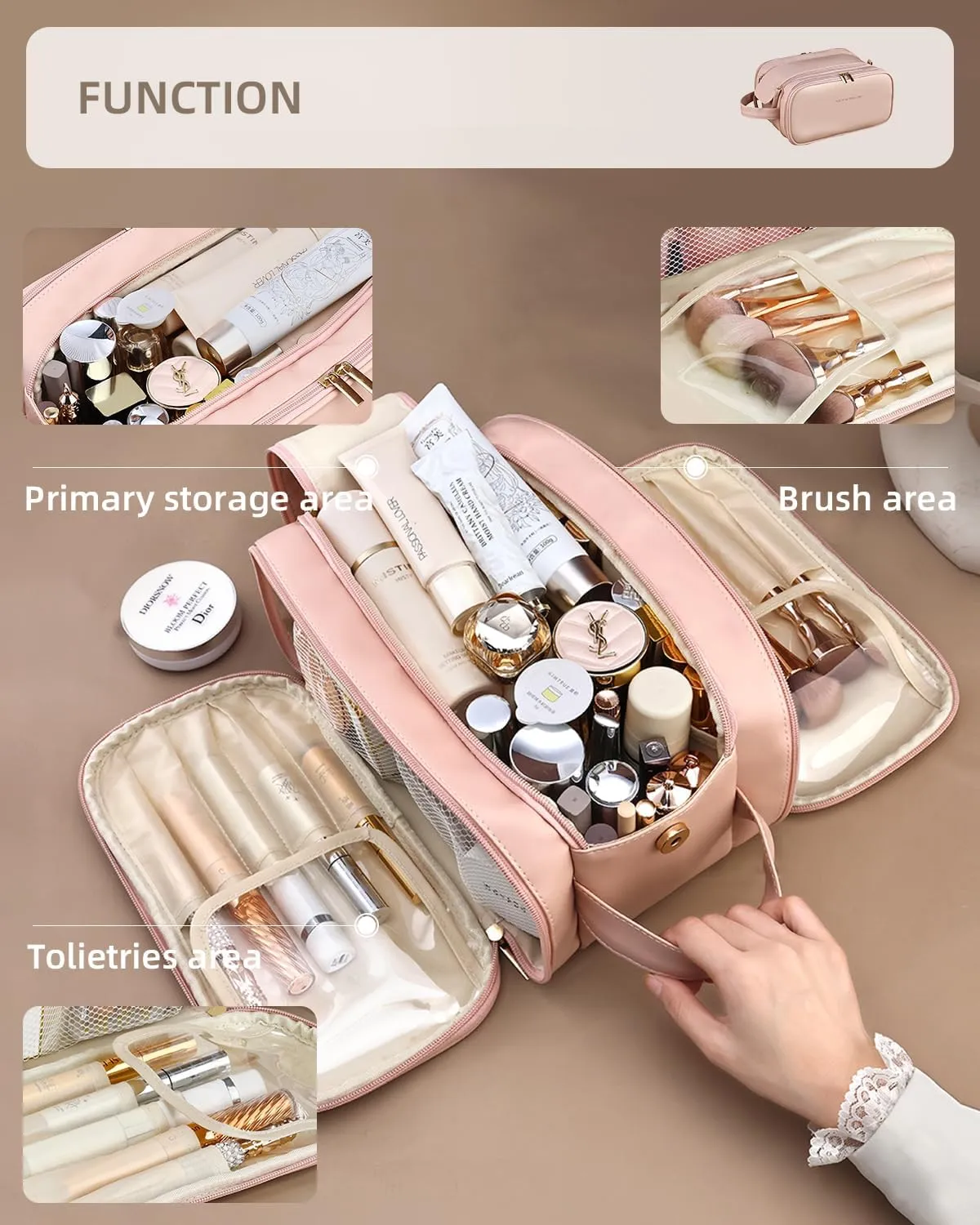 Travel Makeup Bag for Women, Large Capacity Cosmetic Organizer with Wide Opening, Waterproof Portable Toiletry Storage Bag for Easy Access