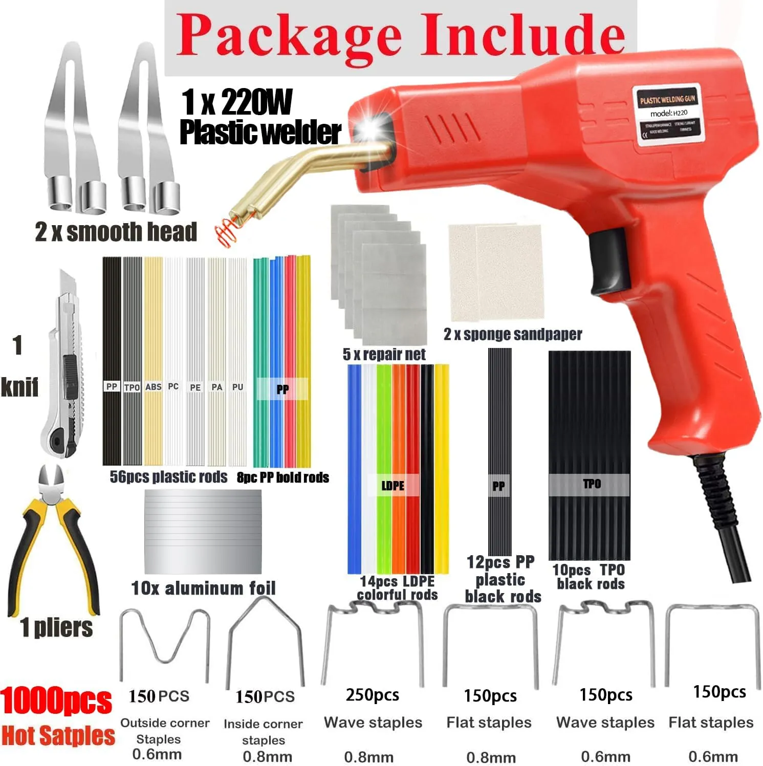 Upgraded 220W Plastic Welder, 2 in 1 Plastic Welding Kit Plastic Repair Welder Kit 1000PCS Hot Stapler Soldering Gun with 100PCS Plastic Welding Rods Car Bumper Repair Kit for Most Plastic Repair