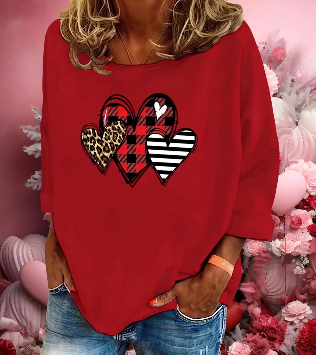 Valentine's Day Shirts for Women Funny Love Heart Graphic Casual Valentines Long Sleeve Pullover Top