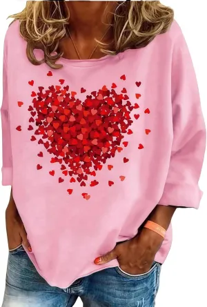 Valentine's Day Shirts for Women Funny Love Heart Graphic Casual Valentines Long Sleeve Pullover Top