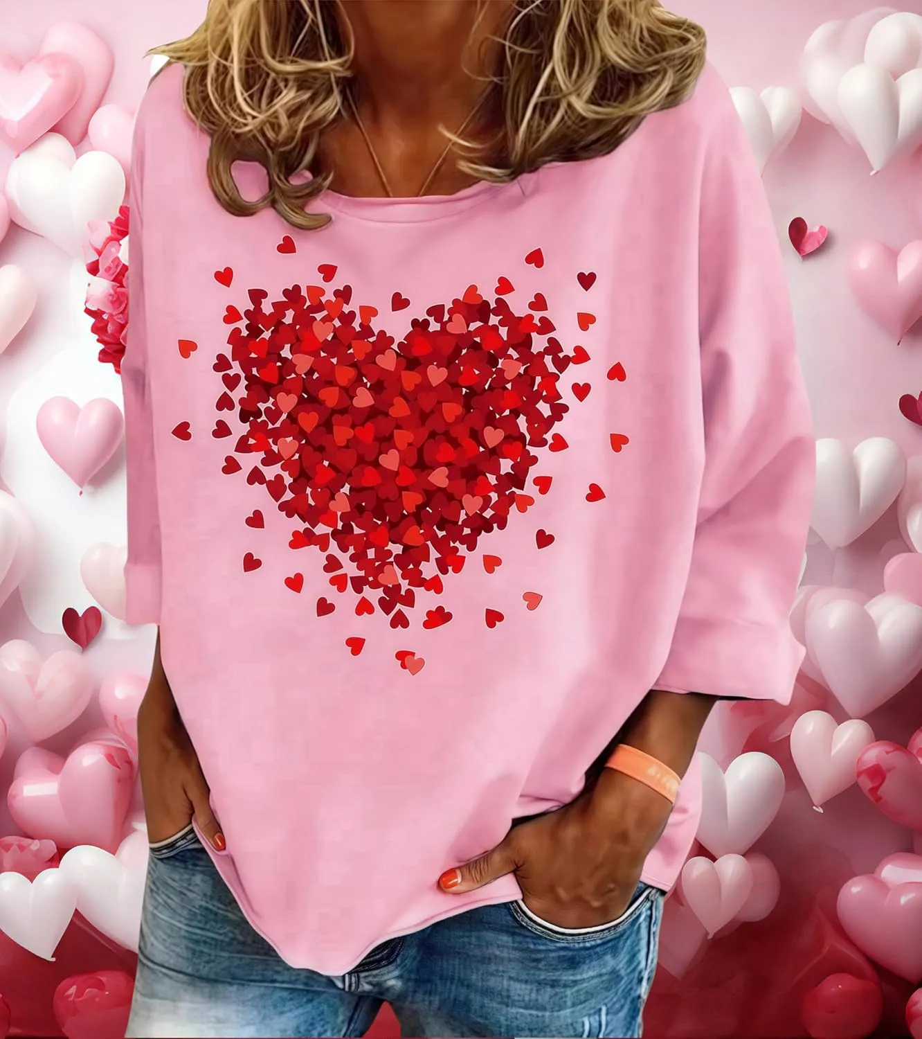 Valentine's Day Shirts for Women Funny Love Heart Graphic Casual Valentines Long Sleeve Pullover Top