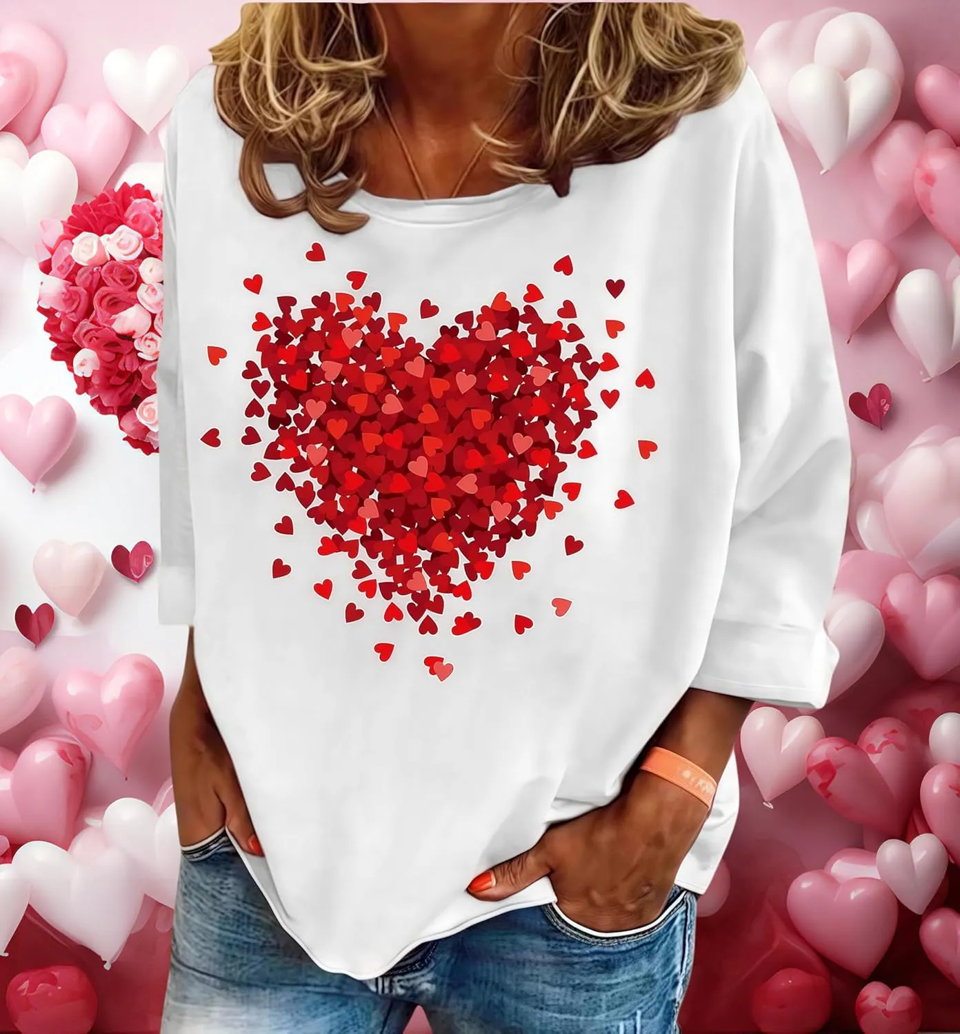 Valentine's Day Shirts for Women Funny Love Heart Graphic Casual Valentines Long Sleeve Pullover Top