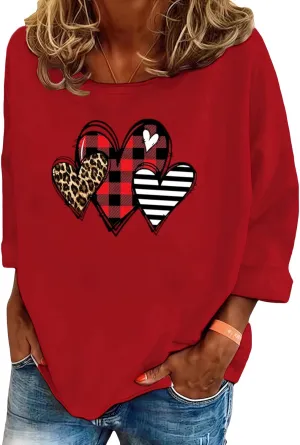 Valentine's Day Shirts for Women Funny Love Heart Graphic Casual Valentines Long Sleeve Pullover Top