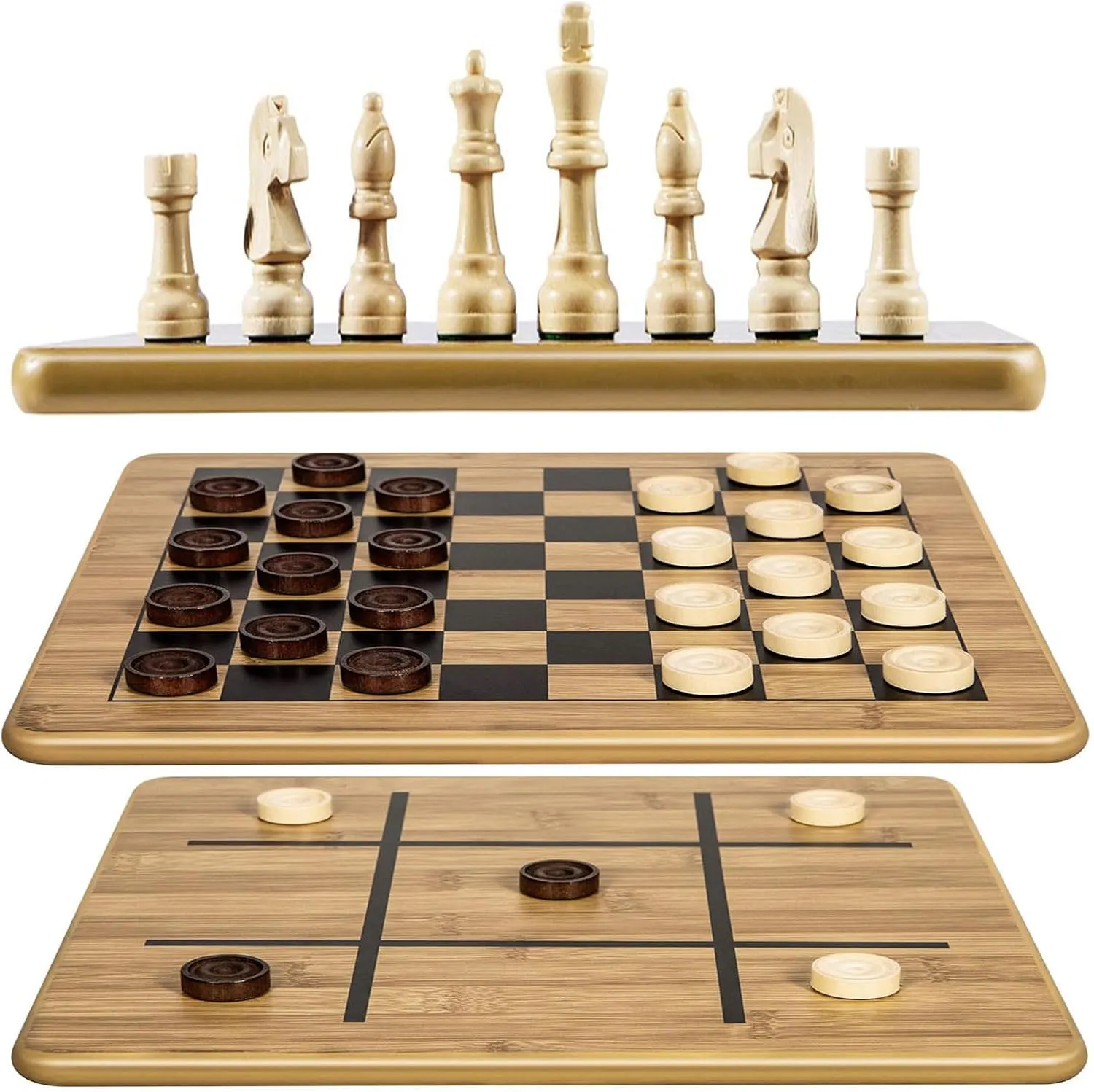 VAMSLOVE Wooden Chess Checkers Tic-Tac-Toe Game Set 11.5" x 11.5" Double-Sided 3 in 1 Board with 34 Chess Pieces - 2 Extra Queens - 24 Interlocking Checkers - Storage Bag - Instructions