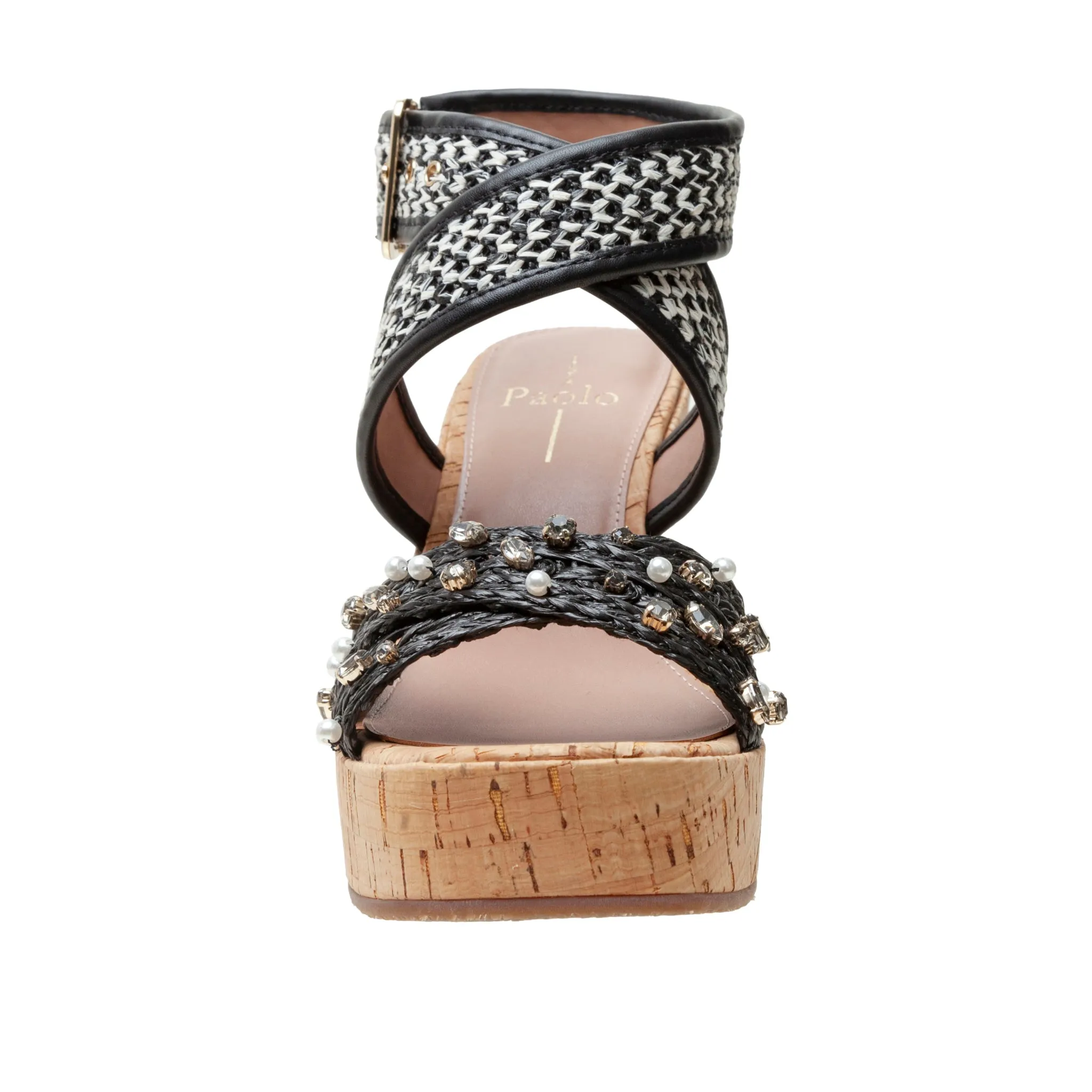 VARENA | Faux Pearl And Crystal Adorned Platform Sandals