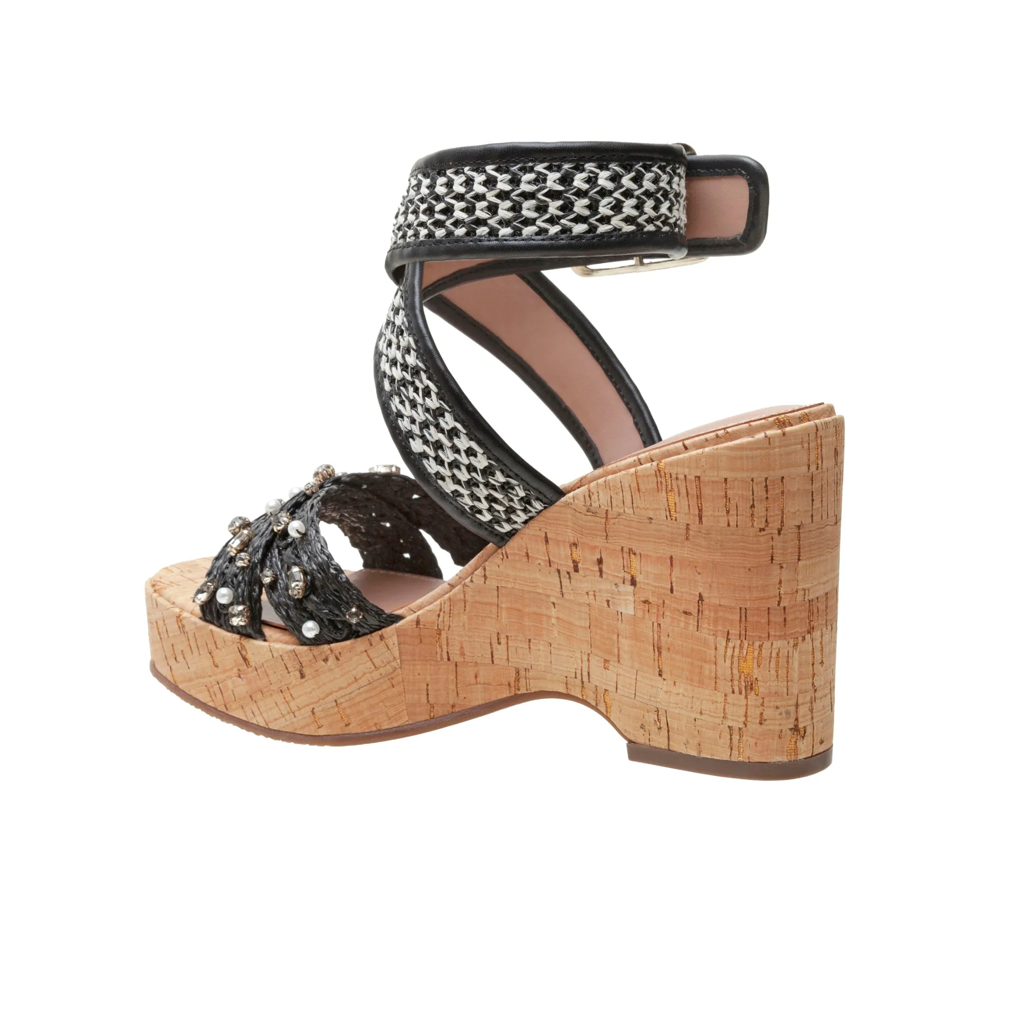 VARENA | Faux Pearl And Crystal Adorned Platform Sandals