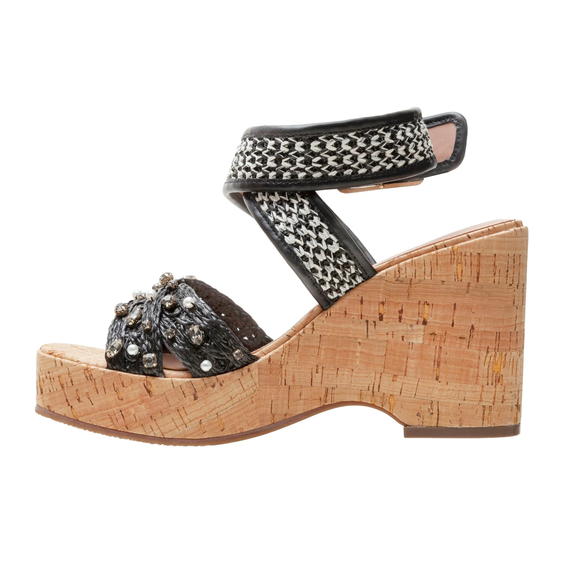 VARENA | Faux Pearl And Crystal Adorned Platform Sandals