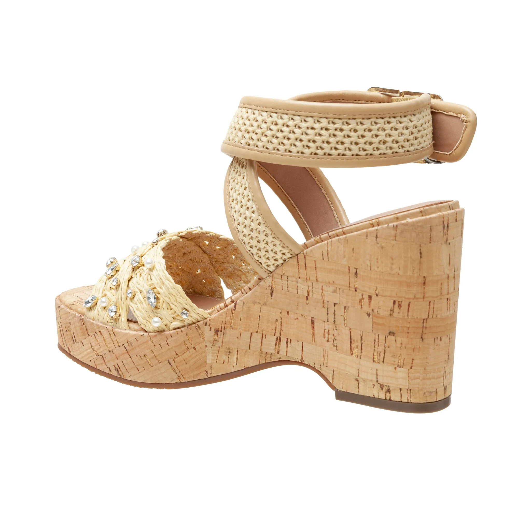 VARENA | Faux Pearl And Crystal Adorned Platform Sandals