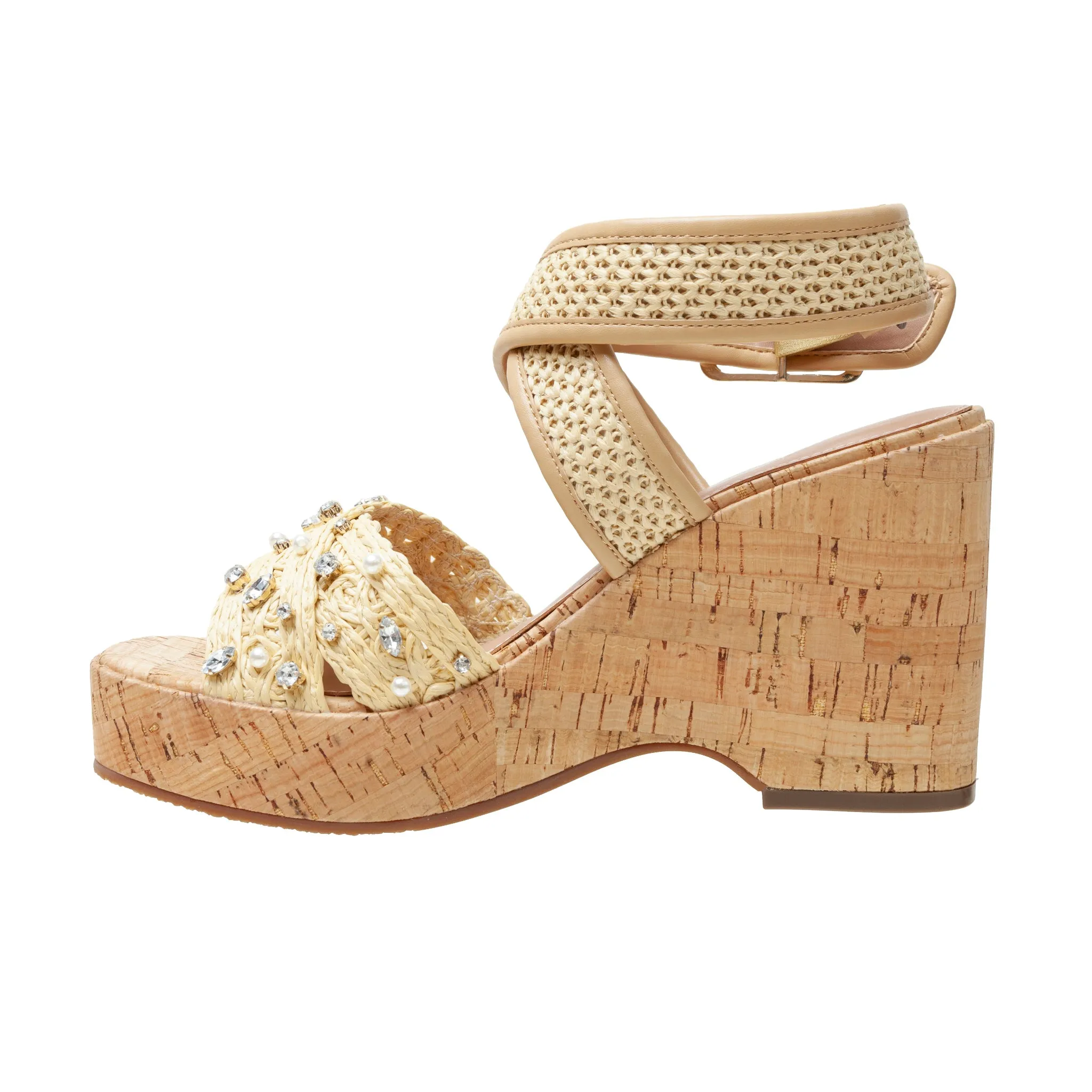 VARENA | Faux Pearl And Crystal Adorned Platform Sandals
