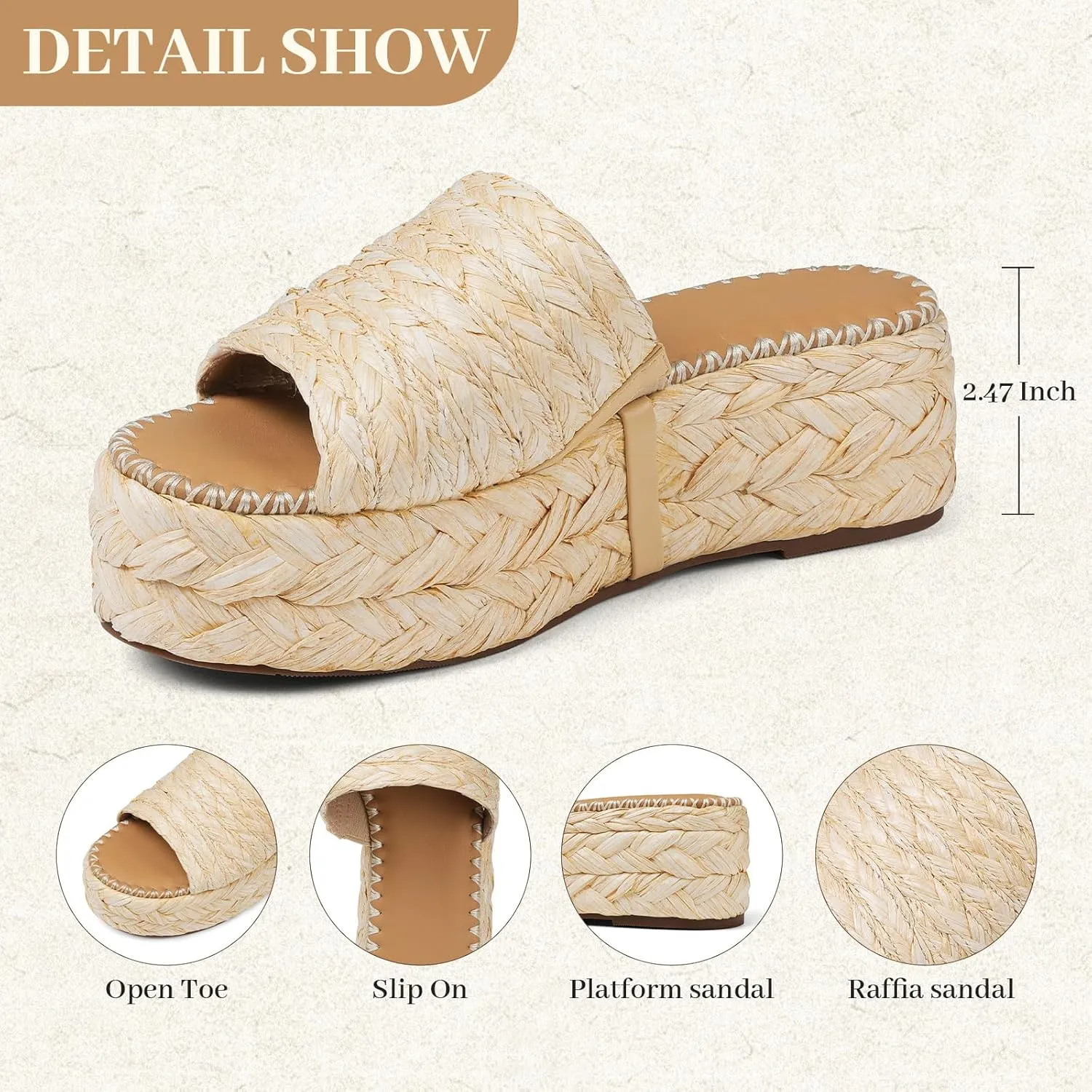 VOMIRA Platform Sandals Women Espadrille Wedge Sandals for Women Open Toe Slip On Flatform Rafiia Slide Sandals Summer Beach Sandals Bohemia Dressy Sandals