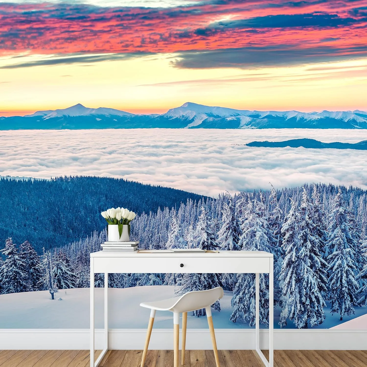 wall26 Removable Wall Sticker/Wall Mural Pastel Sunset Sky Arctic Snow Mountain Nature Wilderness Photography Realism Rustic Landscape Decorative Global for Living Room, Bedroom, Office - 100"x144"
