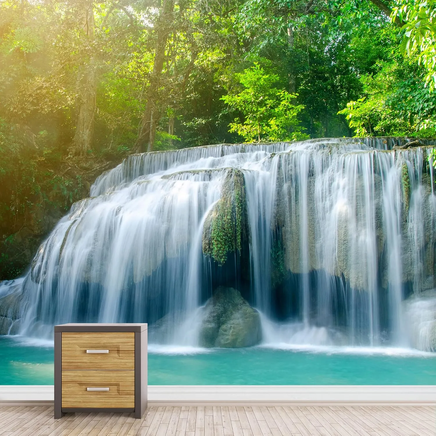 wall26 Removable Wall Sticker/Wall Mural Scenic Spring Summer Forest Waterfall Nature Wilderness Photography Realism Rustic Landscape Decorative Global Zen for Living Room, Bedroom, Office - 100"x144"
