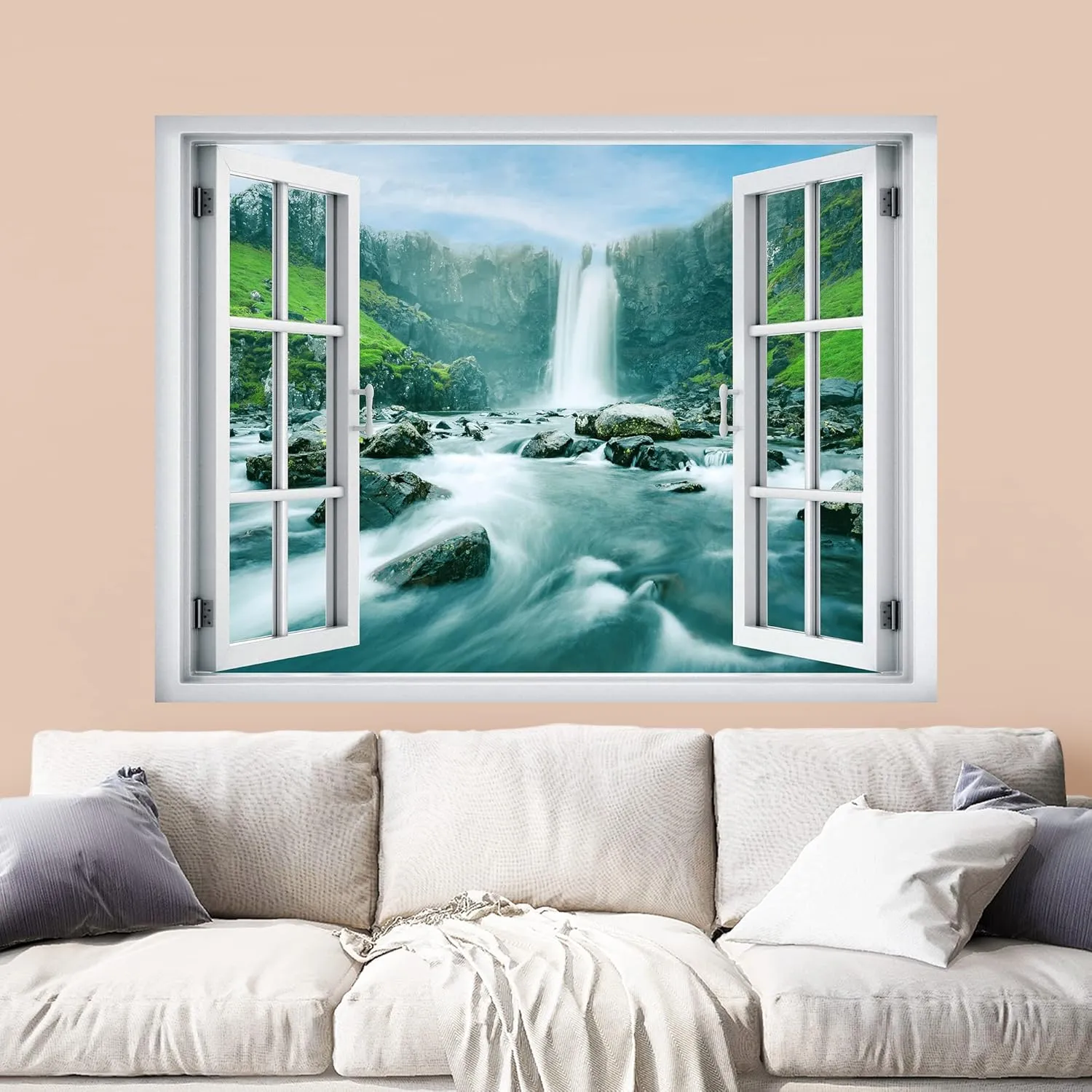 wall26 Removable Wall Sticker/Wall Mural Window View Icelandic Waterfall River Rapid Mountains Nature Wilderness Photography Realism Landscape Multicolor for Living Room, Bedroom, Office - 24"x32"