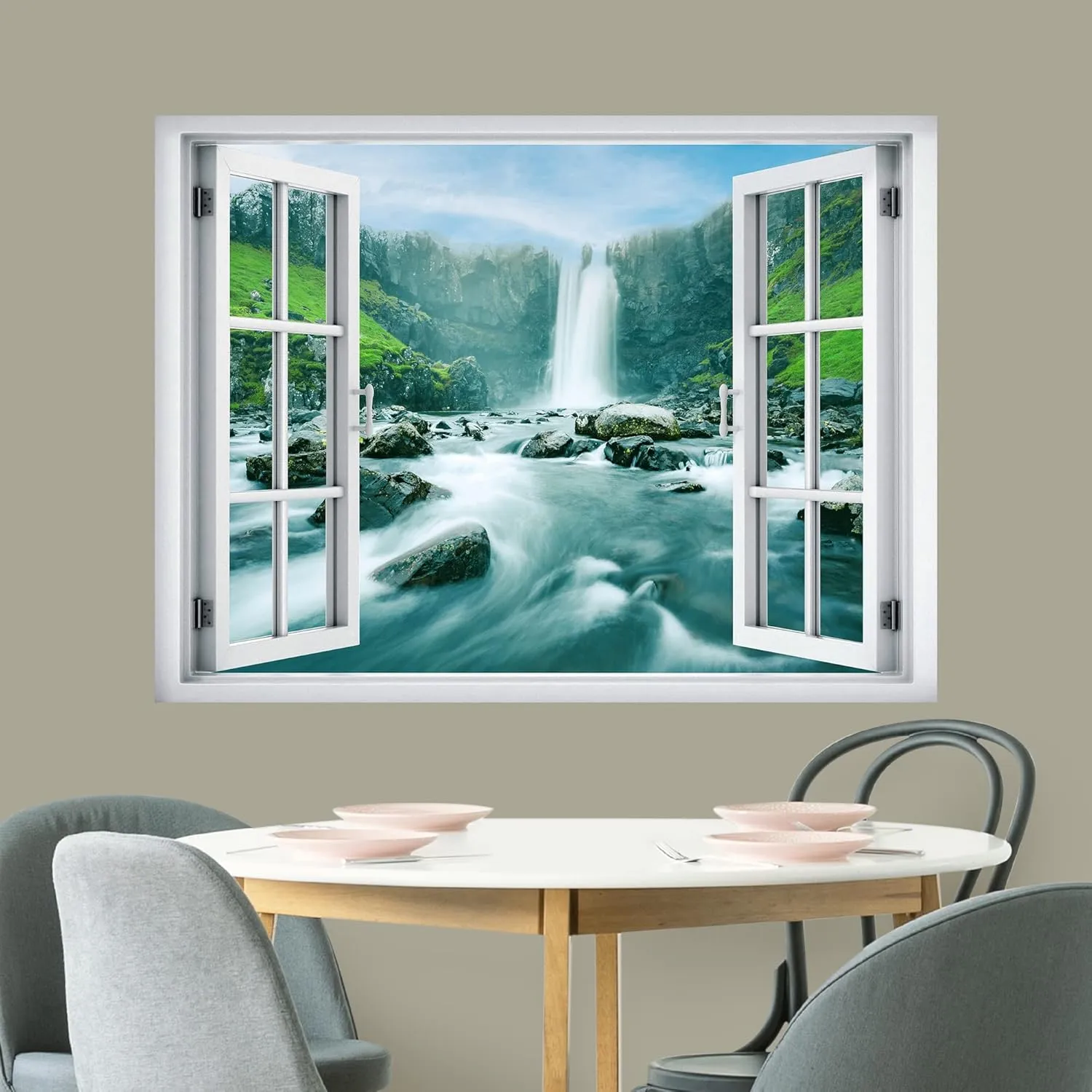 wall26 Removable Wall Sticker/Wall Mural Window View Icelandic Waterfall River Rapid Mountains Nature Wilderness Photography Realism Landscape Multicolor for Living Room, Bedroom, Office - 24"x32"