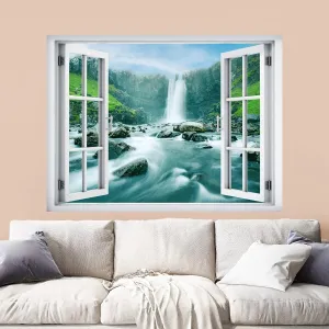 wall26 Removable Wall Sticker/Wall Mural Window View Icelandic Waterfall River Rapid Mountains Nature Wilderness Photography Realism Landscape Multicolor for Living Room, Bedroom, Office - 24"x32"