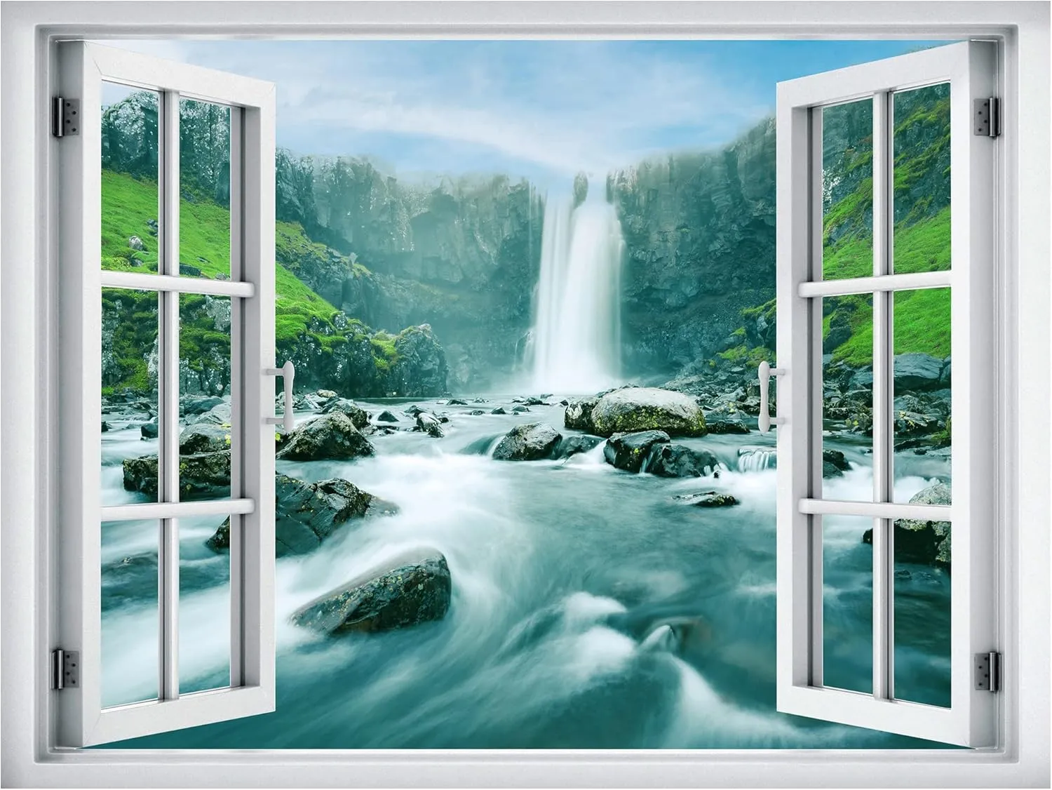 wall26 Removable Wall Sticker/Wall Mural Window View Icelandic Waterfall River Rapid Mountains Nature Wilderness Photography Realism Landscape Multicolor for Living Room, Bedroom, Office - 24"x32"