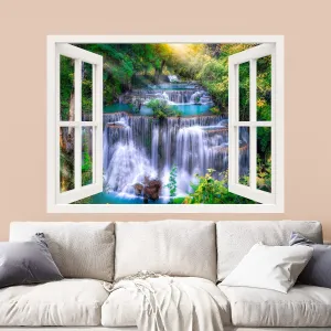 wall26 Removable Wall Sticker/Wall Mural Window View Majestic Sunshine Forest Waterfall Rapids Nature Wilderness Photography Realism Landscape Multicolor for Living Room, Bedroom, Office - 36"x48"