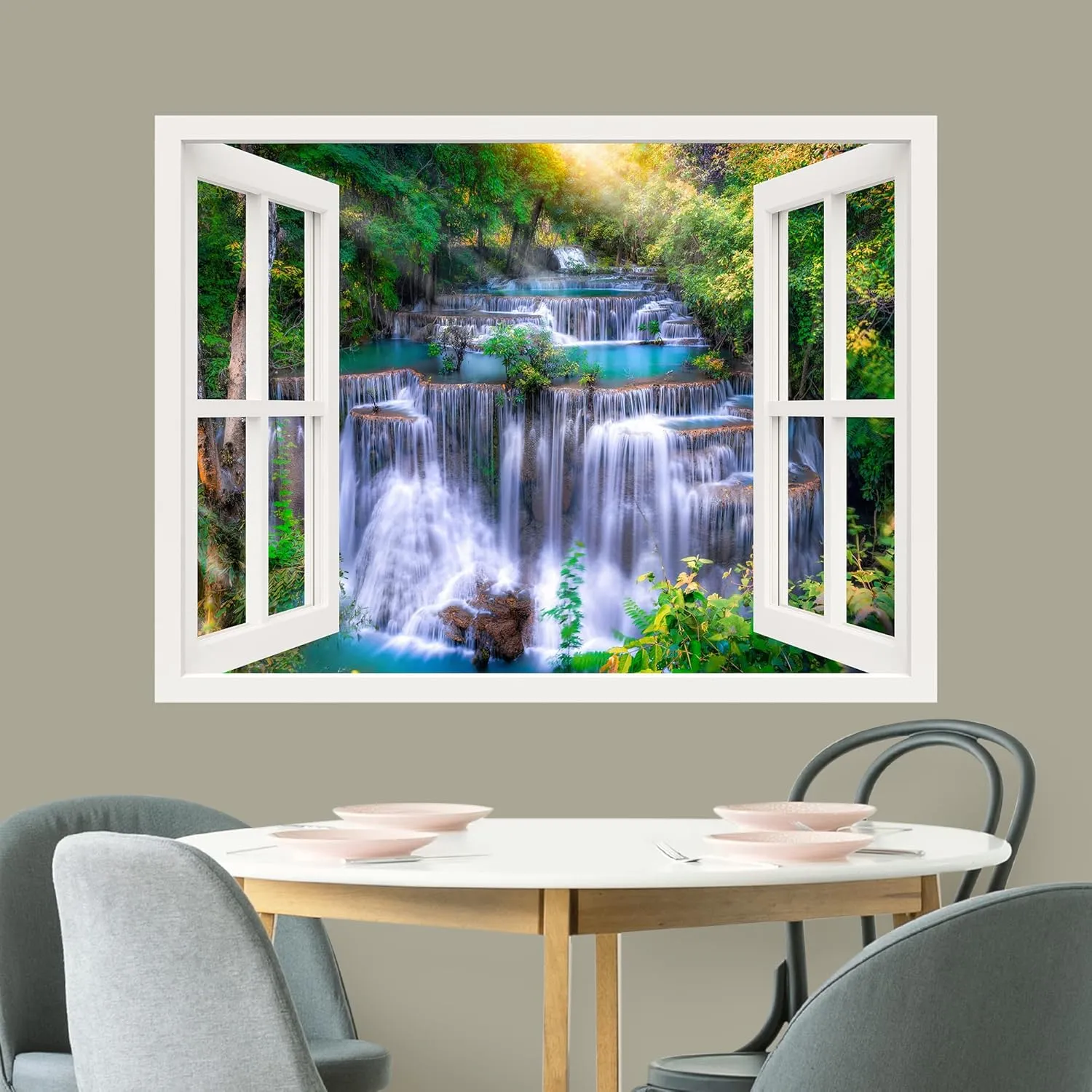 wall26 Removable Wall Sticker/Wall Mural Window View Majestic Sunshine Forest Waterfall Rapids Nature Wilderness Photography Realism Landscape Multicolor for Living Room, Bedroom, Office - 36"x48"