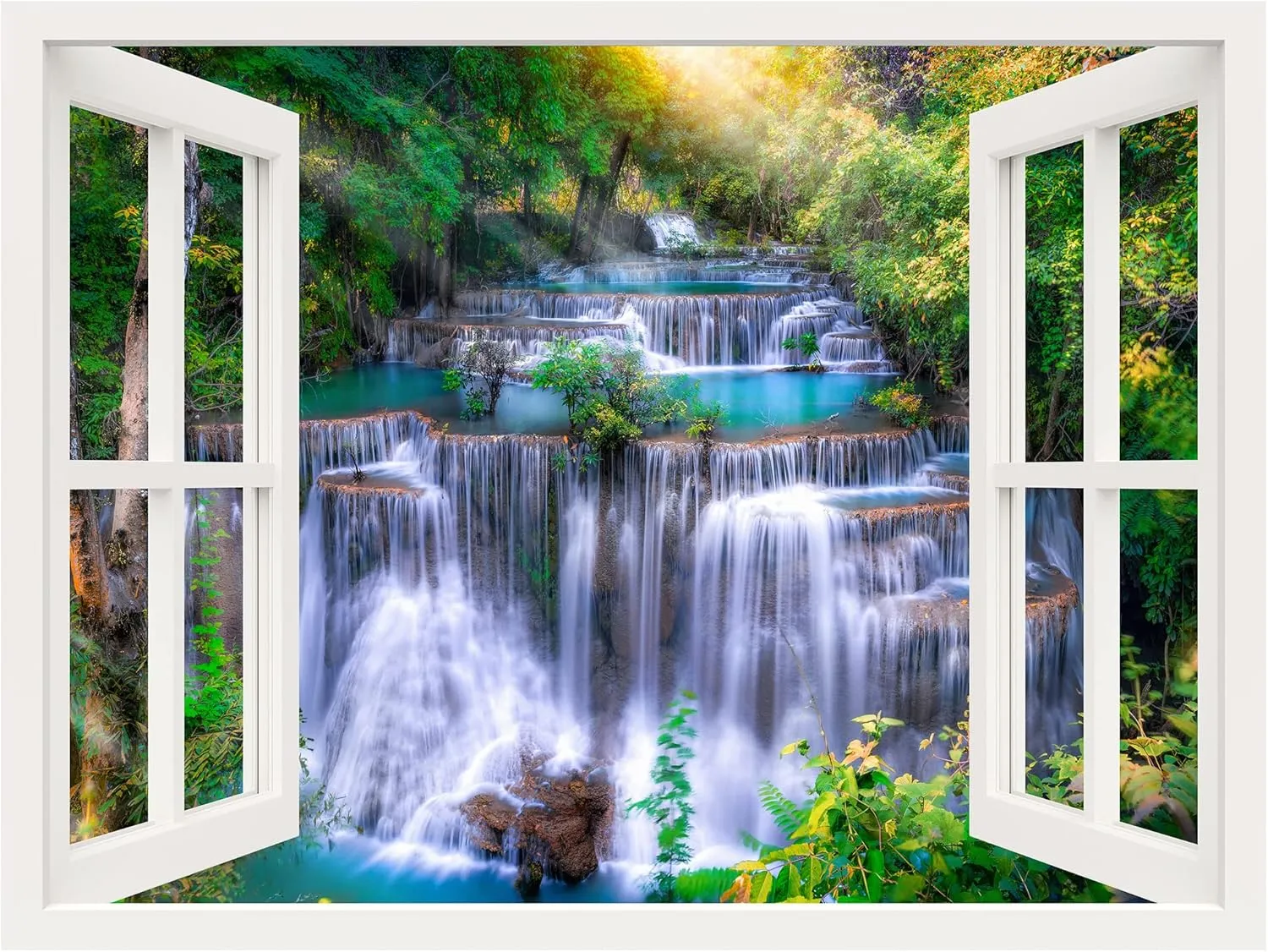 wall26 Removable Wall Sticker/Wall Mural Window View Majestic Sunshine Forest Waterfall Rapids Nature Wilderness Photography Realism Landscape Multicolor for Living Room, Bedroom, Office - 36"x48"